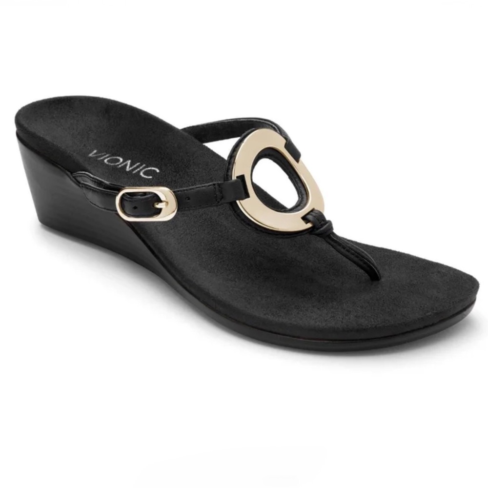 Vionic Park Orchid Tstrap Thong Sandals Black Leather Wedge Heels Slip On Size 8